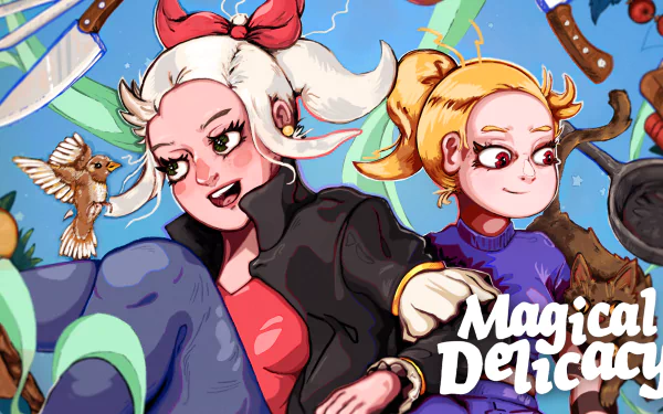 HD desktop wallpaper featuring two animated characters from the video game Magical Delicacy. The vibrant background includes whimsical elements and playful details.
