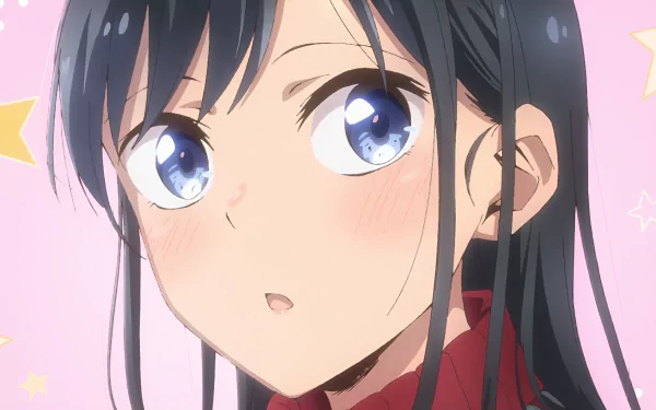 Close-up of Rin Nanakura from the anime Pseudo Harem, featuring vibrant blue eyes and soft blush, designed as a 4K Ultra HD PC desktop wallpaper.