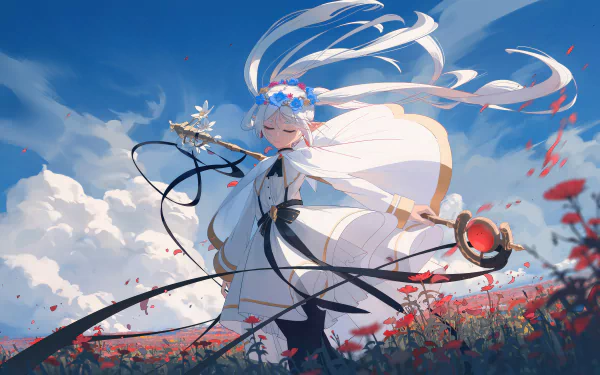 4K Ultra HD PC desktop wallpaper of Frieren from Frieren: Beyond Journey's End, featuring her in white robes with flowing ribbons amidst a vibrant flower field under a blue sky.