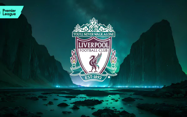 Liverpool F.C. crest glowing against a moody, mountainous nighttime landscape, designed as a 4K Ultra HD PC desktop wallpaper background.