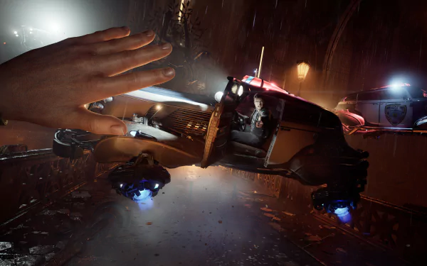HD wallpaper of Nobody Wants to Die, featuring a futuristic flying vehicle with police lights and a large hand in the foreground, set in a dimly lit, rainy night-time urban environment.
