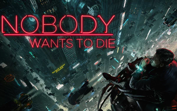 HD desktop wallpaper for the video game Nobody Wants to Die features a futuristic cityscape with neon elements and a character gazing out over the city from a high vantage point.