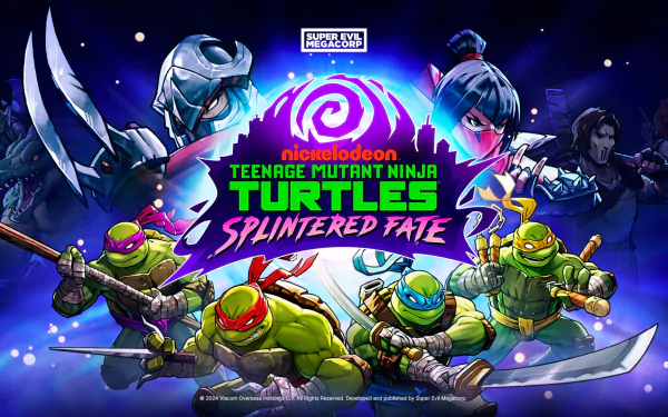 HD desktop wallpaper for the video game Teenage Mutant Ninja Turtles: Splintered Fate, featuring vibrant imagery of the Ninja Turtles and villains in an action-packed scene.