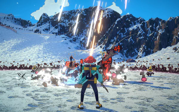 A vibrant HD wallpaper from the video game Dungeons of Hinterberg, showcasing a character battling enemies against a backdrop of snowy mountains and bright, dynamic visuals.