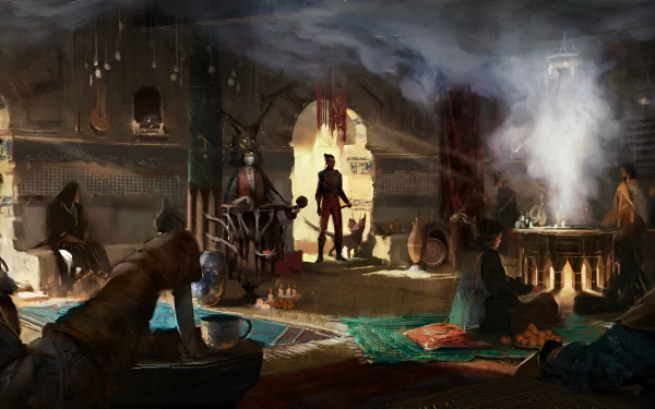 HD desktop wallpaper of Flintlock: The Siege of Dawn video game, depicting a detailed, dimly-lit interior scene with various characters engaged in different activities.