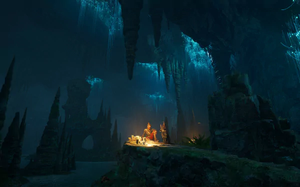HD wallpaper of Flintlock: The Siege of Dawn video game, featuring a detailed, illuminated cavern with stalactites and adventurers gathered around a fire.