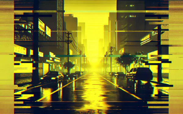Glitch art HD wallpaper featuring a neon-lit city street at dusk, with distorted lines and vibrant colors creating a unique background.