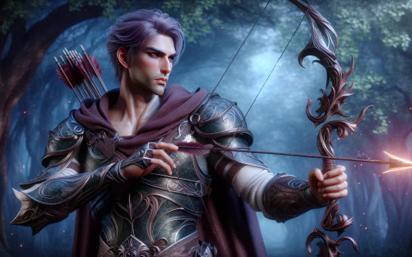 HD desktop wallpaper of a fantasy archer with a bow, standing in an enchanted forest, his arrow glowing with a mystical light.