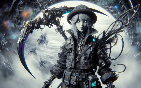 HD desktop wallpaper featuring a futuristic, cyberpunk warrior with a mechanical weapon, standing in front of a glowing portal, surrounded by floating drones.