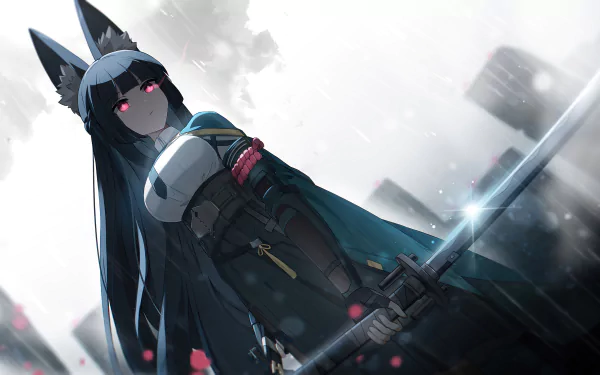 HD desktop wallpaper of Miyabi from the video game Zenless Zone Zero, featuring her in a dynamic, dark-themed background with her katana under dramatic lighting.