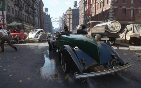 HD desktop wallpaper featuring a street scene from the video game Mafia: Definitive Edition, showcasing classic cars and detailed urban environment.