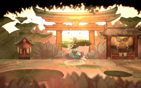 HD desktop wallpaper featuring a scene from the video game Bo: Path of the Teal Lotus, showcasing an anime-style character in a serene, lotus-filled landscape with Japanese-inspired architecture.