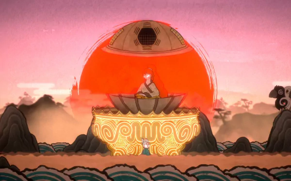 HD desktop wallpaper of Bo: Path of the Teal Lotus, featuring a serene, artistic scene with a character on a golden platform, surrounded by waves and a glowing red sun against a pink sky.
