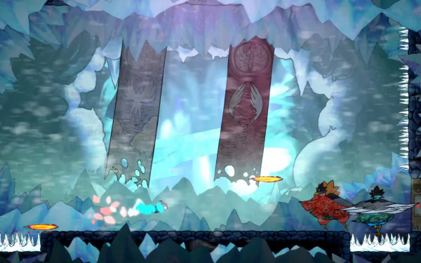 HD desktop wallpaper and background featuring a scene from the video game Bo: Path of the Teal Lotus, depicting an ice cave with mystical symbols and characters.