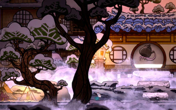 HD desktop wallpaper and background featuring a scene from the video game Bo: Path of the Teal Lotus with artistic Japanese-inspired architecture, misty surroundings, and stylized trees.