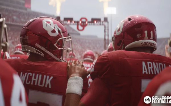 HD wallpaper of EA Sports College Football 25, featuring two football players with helmets and jerseys, standing together on the field with a crowd and stadium backdrop.