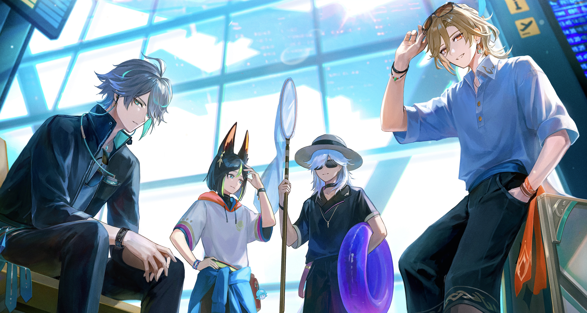 4K Ultra HD desktop wallpaper featuring Genshin Impact characters Al-haitham, Cyno, Kaveh, and Tighnari in a bright, modern indoor setting.