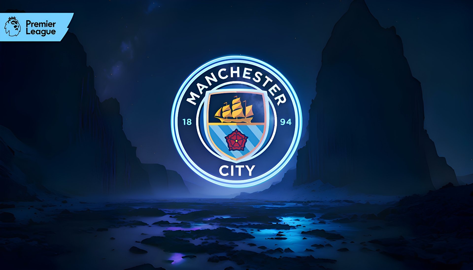 4K Ultra HD desktop wallpaper featuring the glowing Manchester City F.C. crest against a dark, atmospheric backdrop with the Premier League logo in the corner.