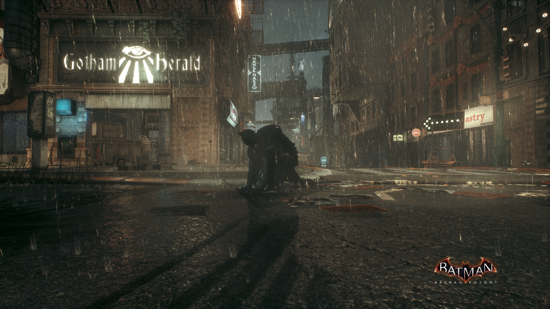 A dark, rainy Gotham City street scene featuring Batman crouched in the center, captured in stunning 4K Ultra HD as a PC desktop wallpaper and background.