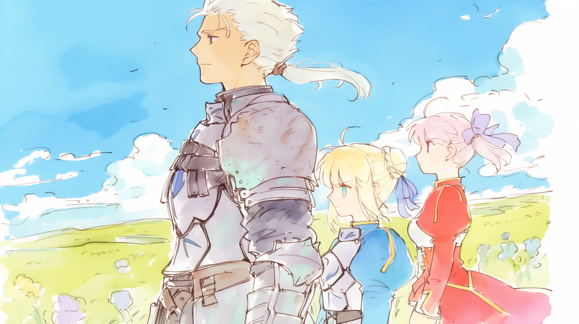 An HD wallpaper featuring characters from the Fate series, specifically Fate/Stay Night, standing against a vibrant blue sky and lush green landscape.