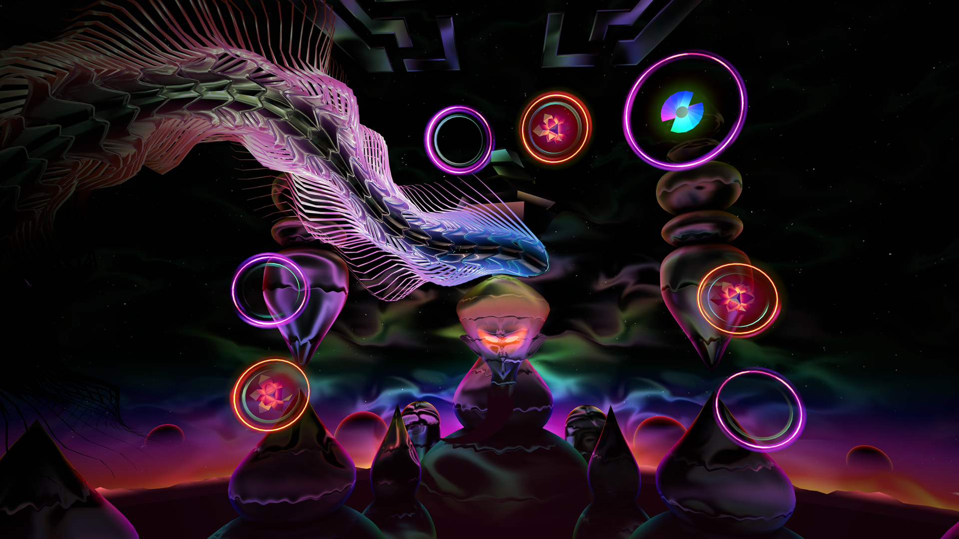 A vibrant HD desktop wallpaper for the video game Thrasher (2024), featuring abstract shapes, glowing rings, and a dynamic serpent against a cosmic backdrop.