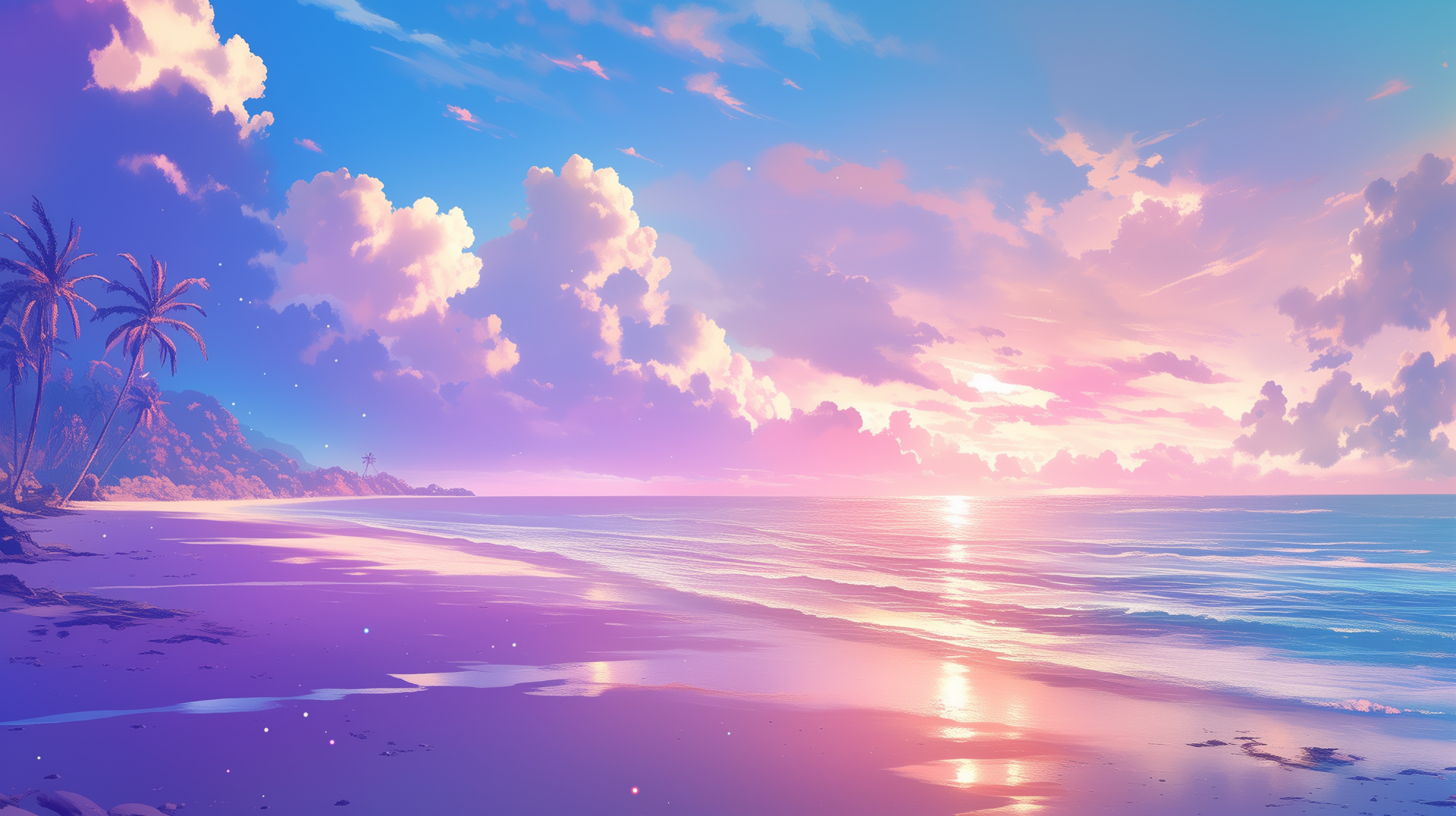A vibrant sunset casts colorful hues over a sandy beach and ocean, creating a serene atmosphere. This HD desktop wallpaper captures the beauty of nature's twilight.