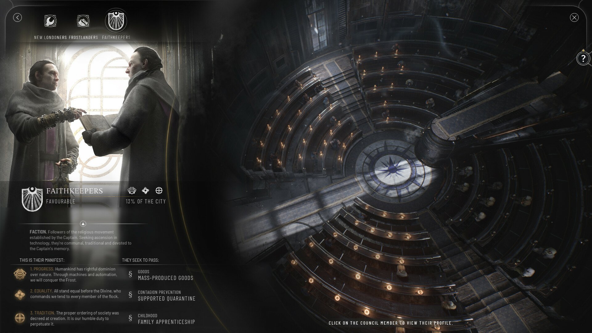 HD desktop wallpaper featuring elements from Frostpunk 2, showcasing a dramatic, circular city layout and two characters engaged in an intense discussion.