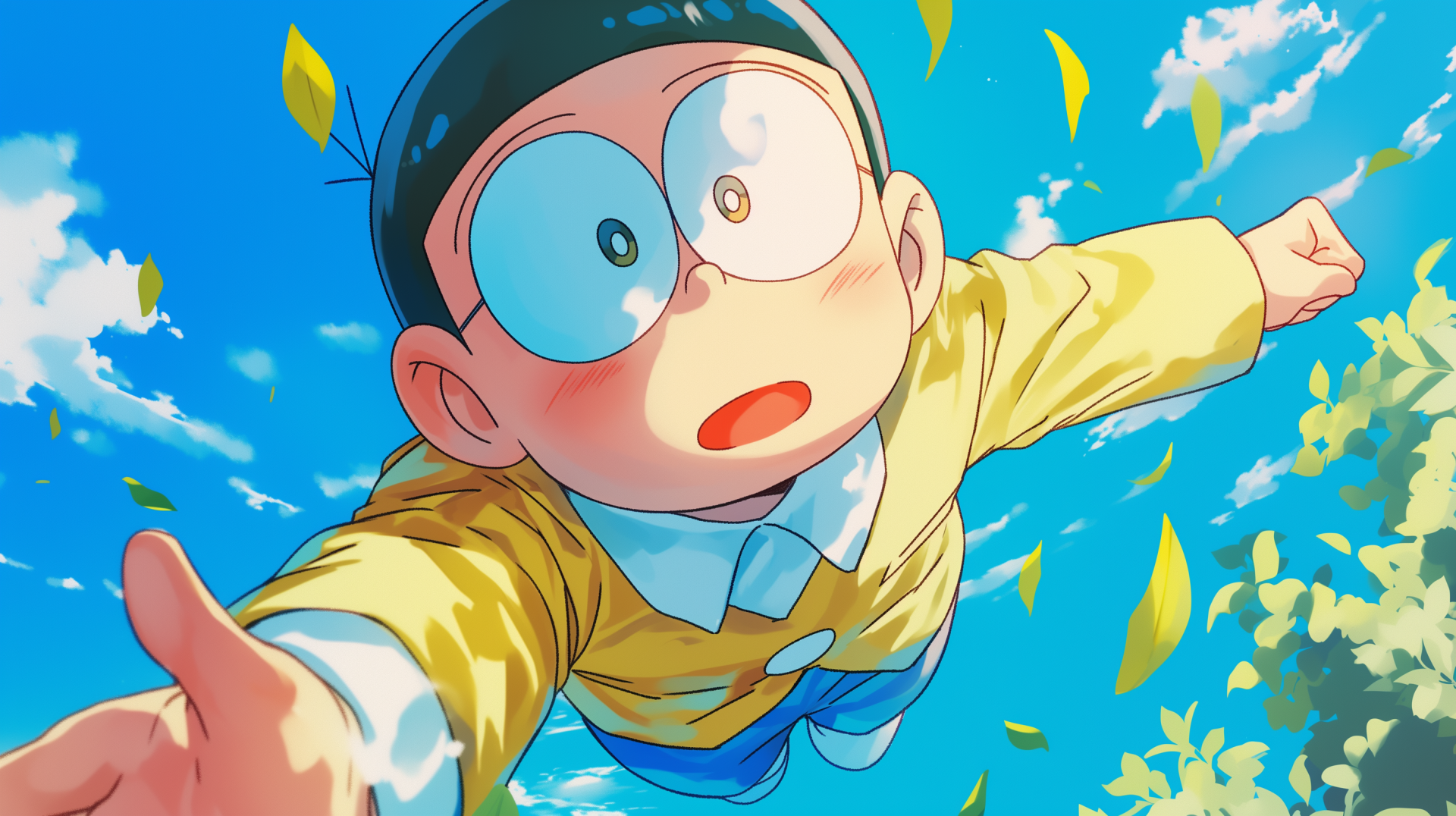 HD desktop wallpaper featuring characters from the anime Doraemon, showcasing Nobita Nobi in a vibrant and engaging scene.