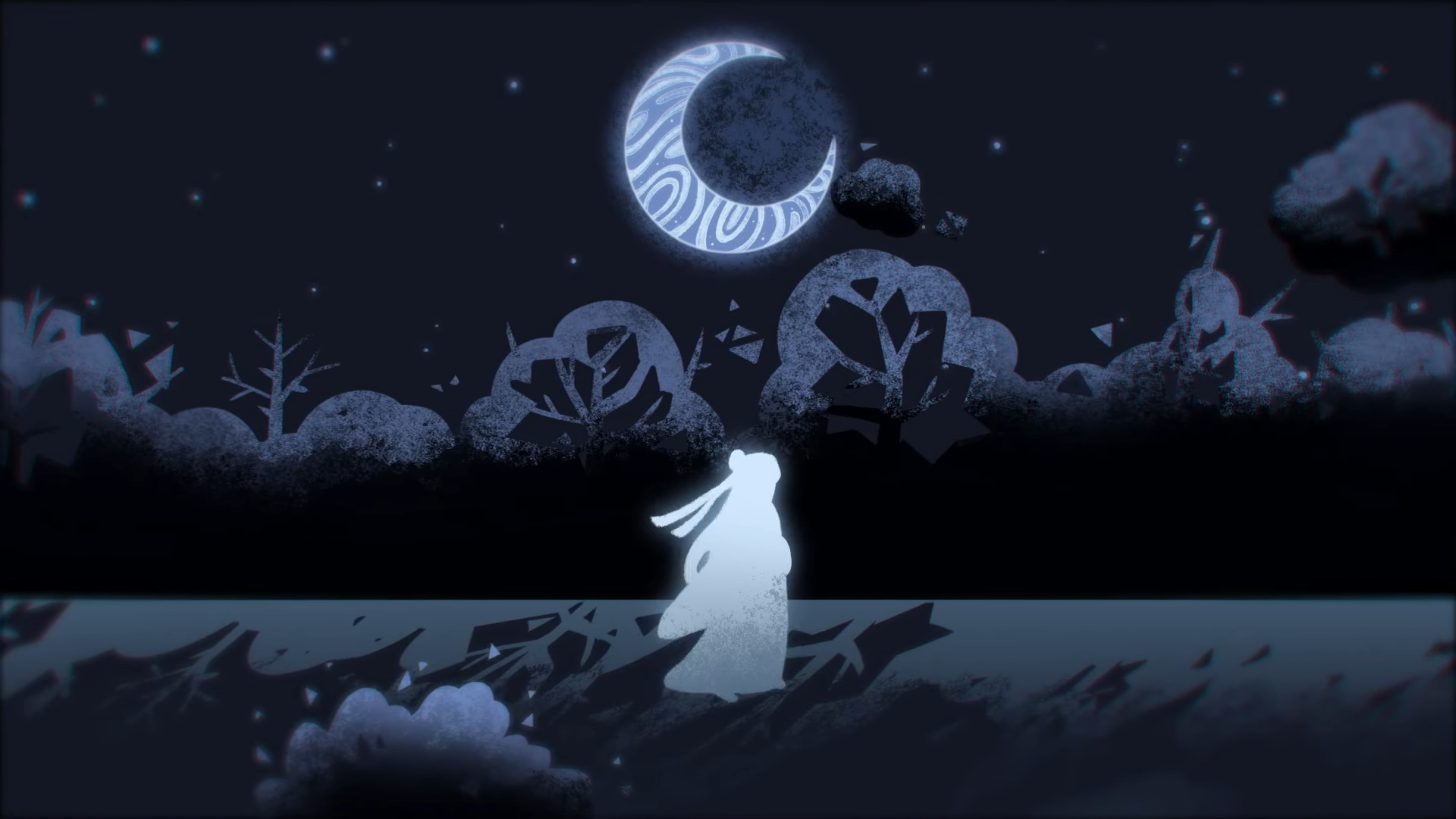 HD PC desktop wallpaper from Heaven Official's Blessing featuring a glowing figure beneath a crescent moon with intricate designs, set against a dark, starry night.