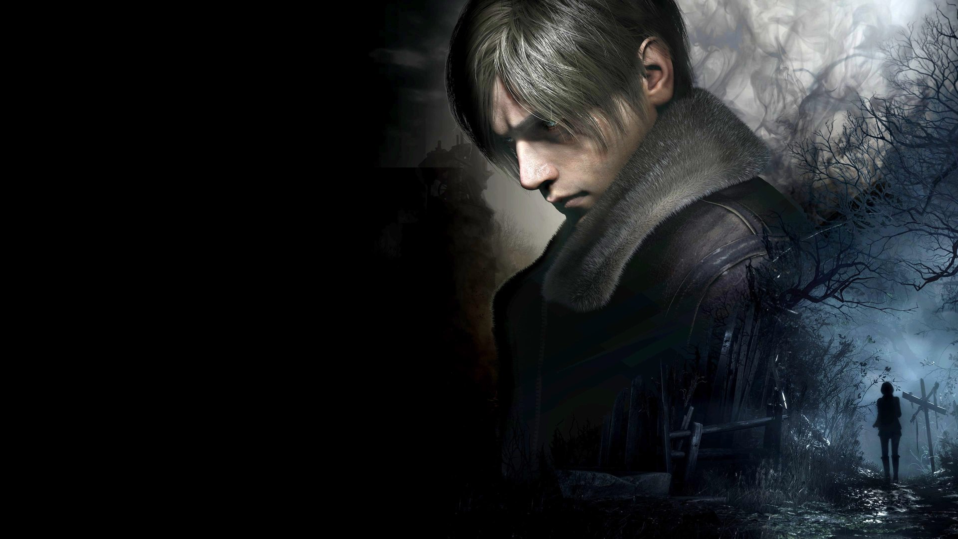 Resident Evil 4 (2023) 4K Ultra HD PC desktop wallpaper: moody profile of Leon in a coat against a dark, misty village with a lone silhouetted figure.