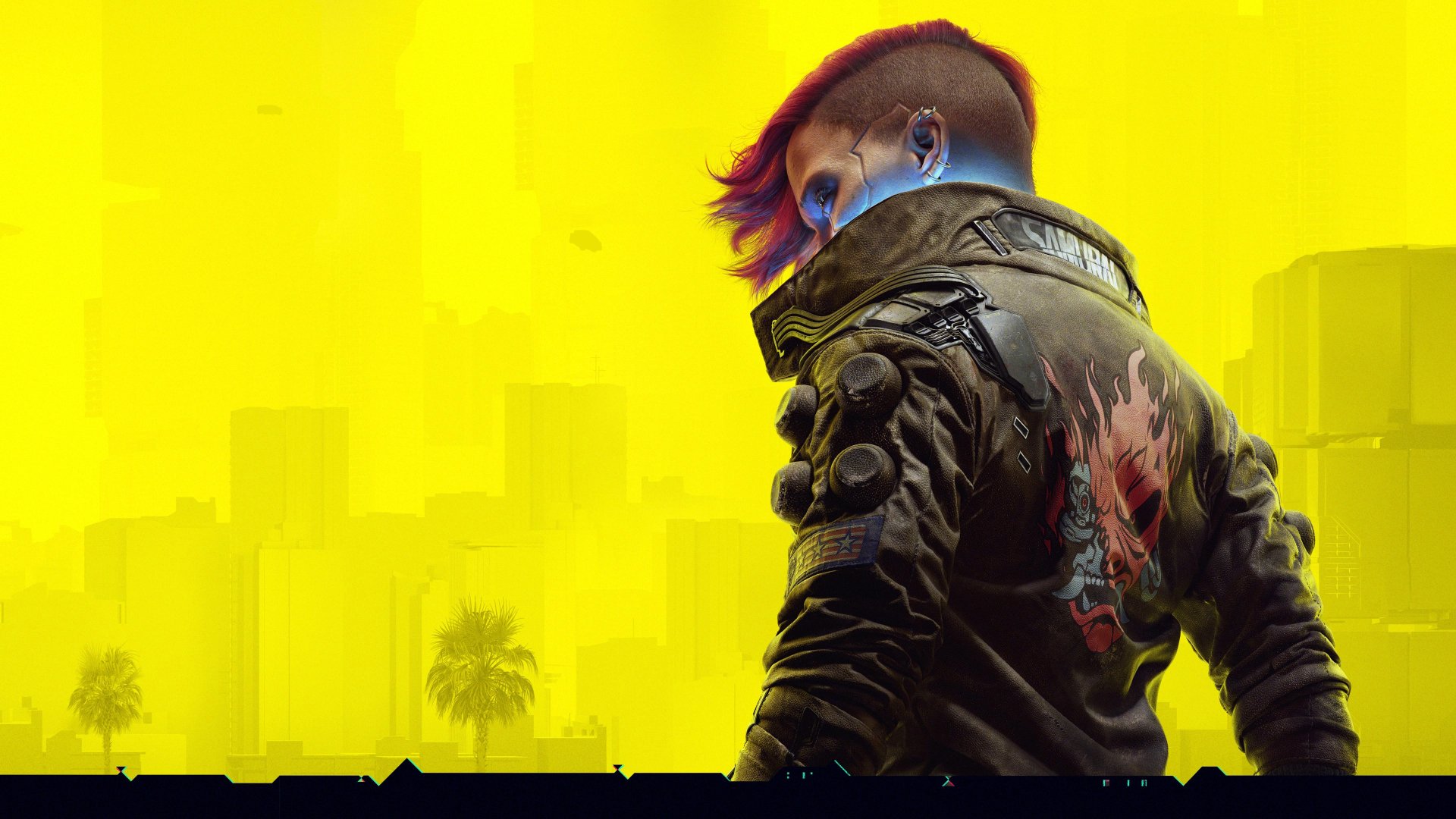 Cyberpunk 2077-themed 4K Ultra HD wallpaper featuring a character with futuristic attire and vibrant colors against a bright yellow cityscape background.
