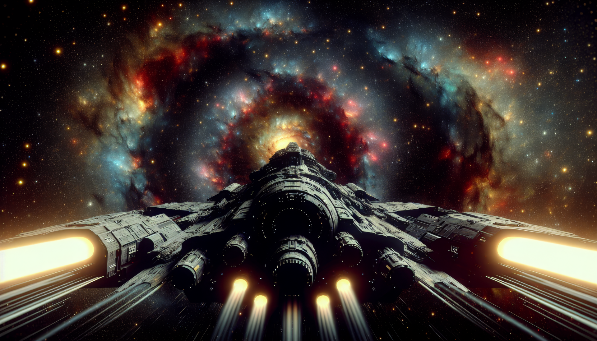 A vibrant HD desktop wallpaper featuring a starship soaring through a colorful cosmic vortex, highlighting its powerful engines against a backdrop of swirling galaxies.