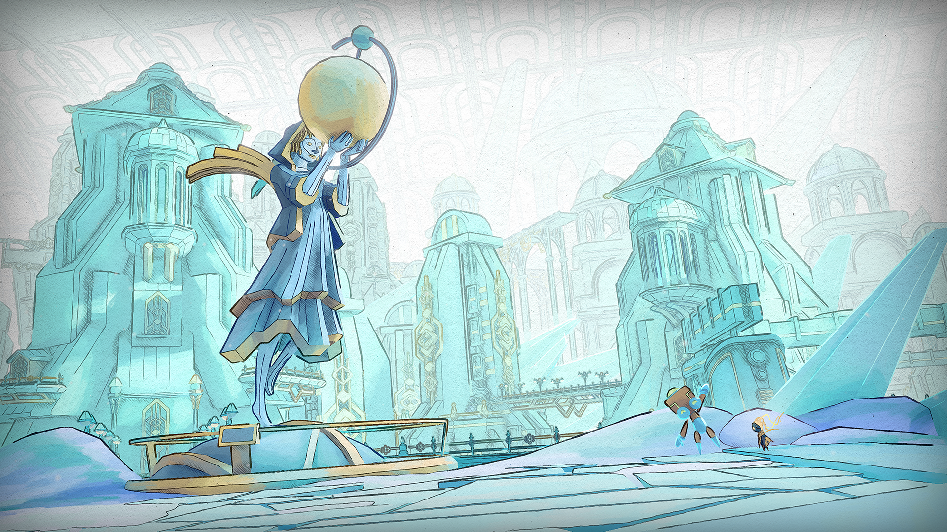 HD desktop wallpaper featuring visuals inspired by the video game Mio: Memories in Orbit, showcasing a vibrant and immersive space theme.