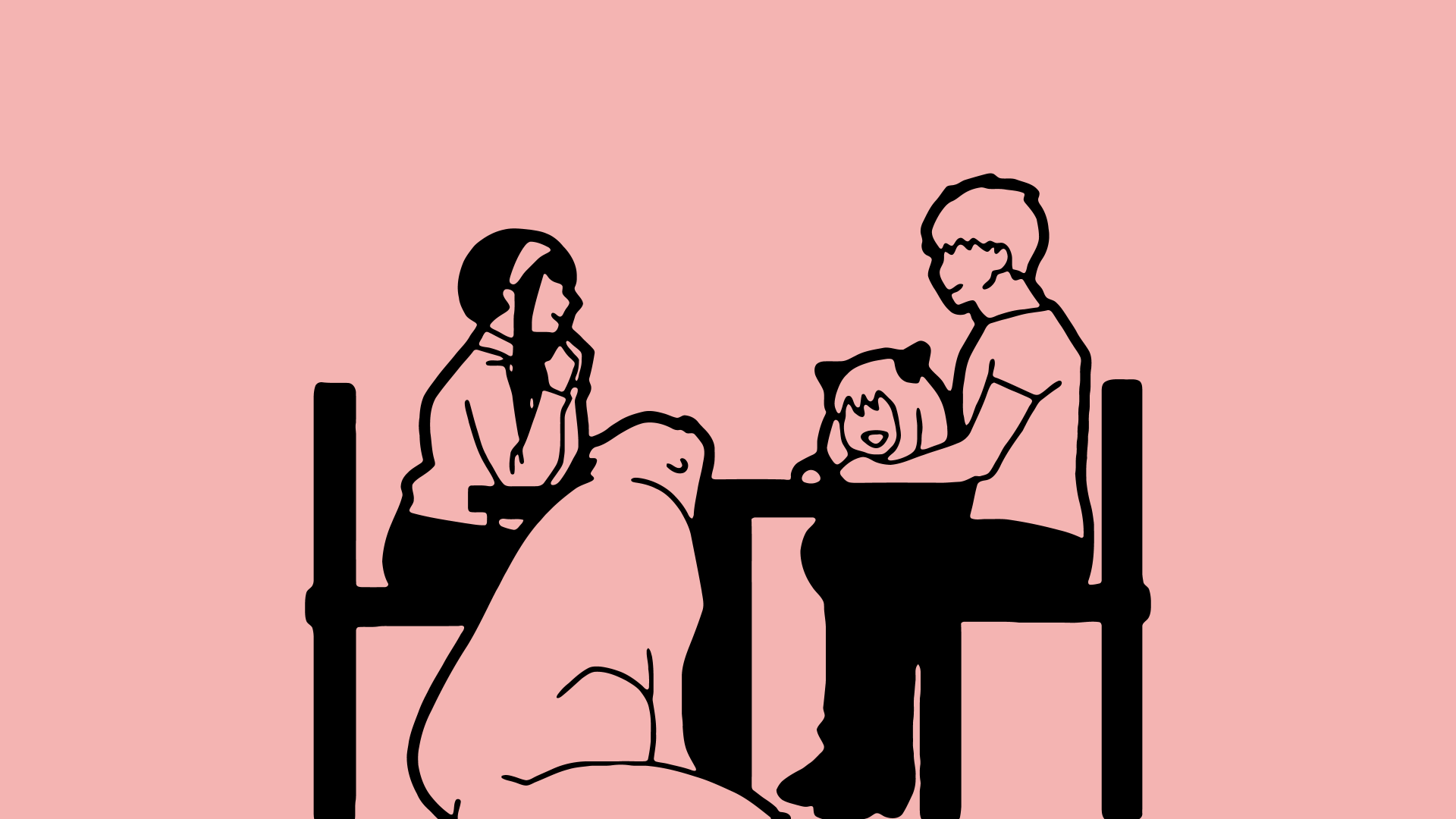 Minimalist 4K Ultra HD wallpaper featuring Anya Forger from Spy x Family sitting at a table with two adults and a large dog, all set against a pink background.