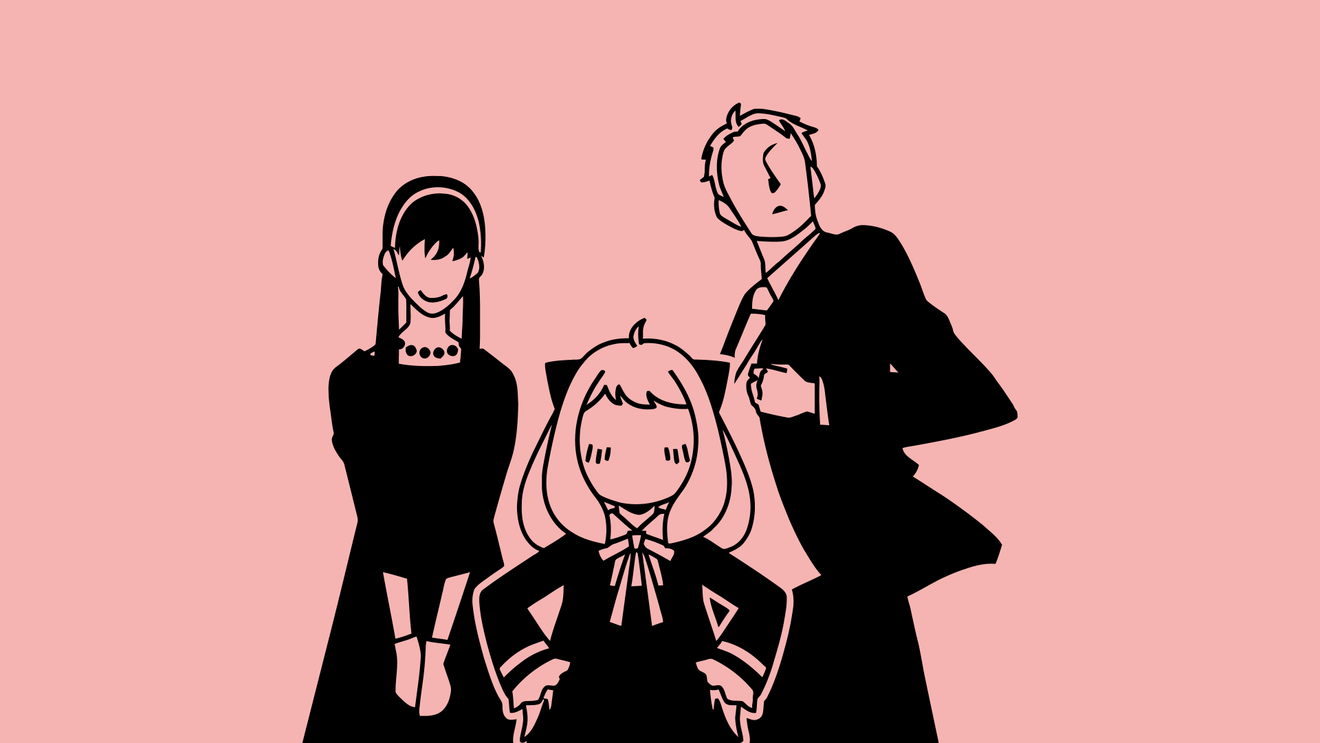 Minimalist 4K Ultra HD PC wallpaper featuring stylized silhouettes of Anya Forger and two characters from Spy x Family on a soft pink background.