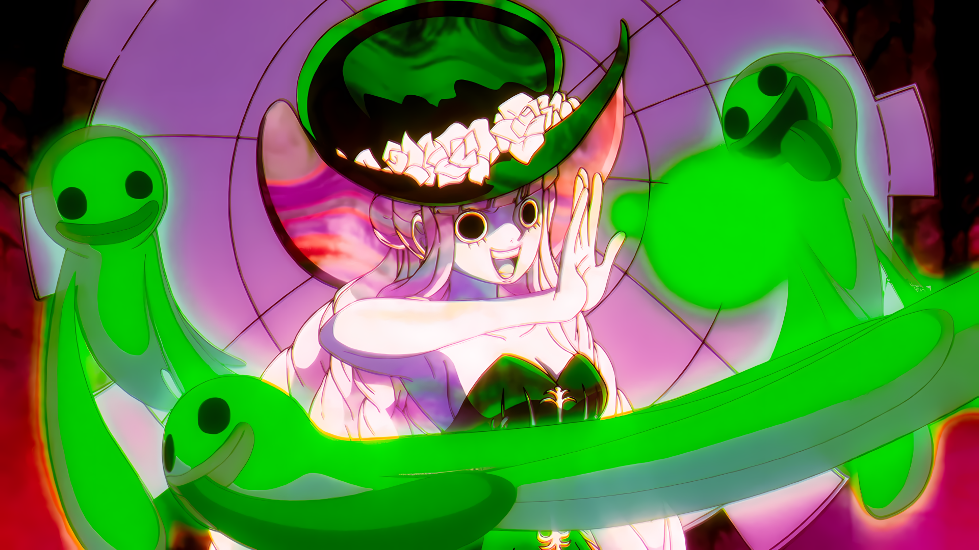 Anime character Perona from One Piece is featured in a vibrant 4K Ultra HD desktop wallpaper, surrounded by glowing green ghost-like figures.