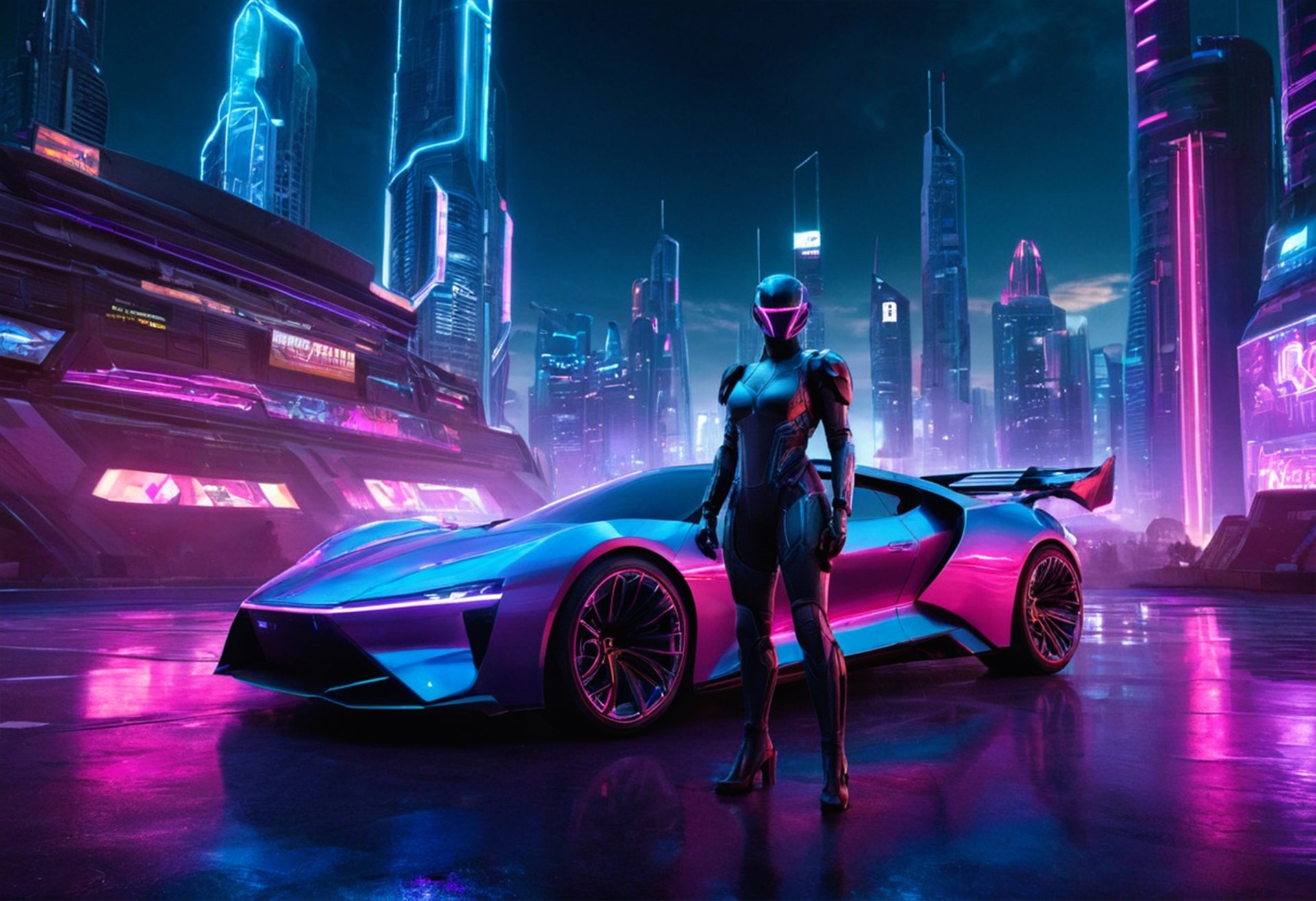 A sleek purple car and a futuristic figure stand in front of neon-lit skyscrapers at night, rendered in vibrant 4K Ultra HD with a high-definition, cyberpunk-inspired aesthetic.