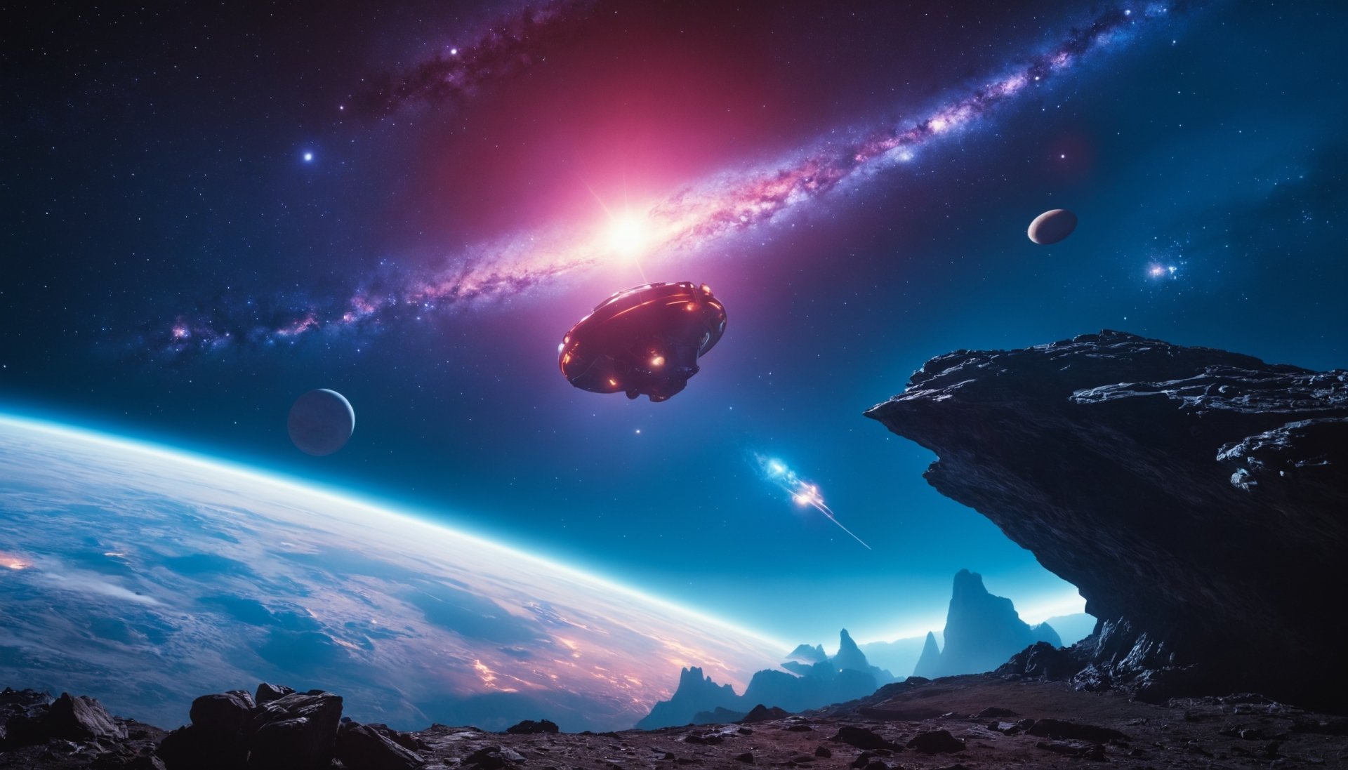 HD PC desktop wallpaper depicting Earth and nearby planets with a glowing space nebula and rocky terrain under a vibrant cosmic sky, featured on Wallpaper Abyss.