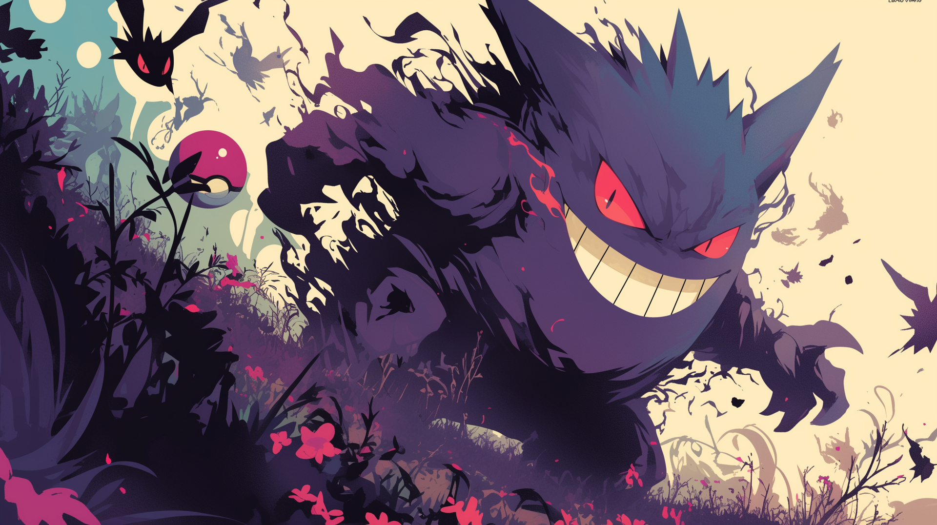 A vibrant HD wallpaper featuring Gengar from Pokémon, depicted in a striking anime style with swirling shadows and a mischievous grin, surrounded by floral elements and Poké Balls.