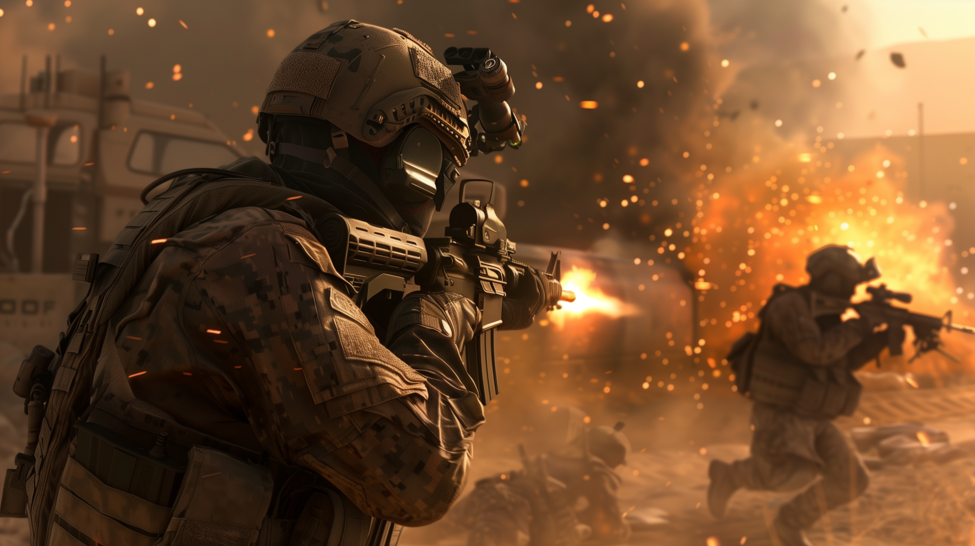 A dynamic HD desktop wallpaper from Call of Duty, depicting soldiers engaged in a fierce battle, highlighting intense action amid explosions and gunfire.