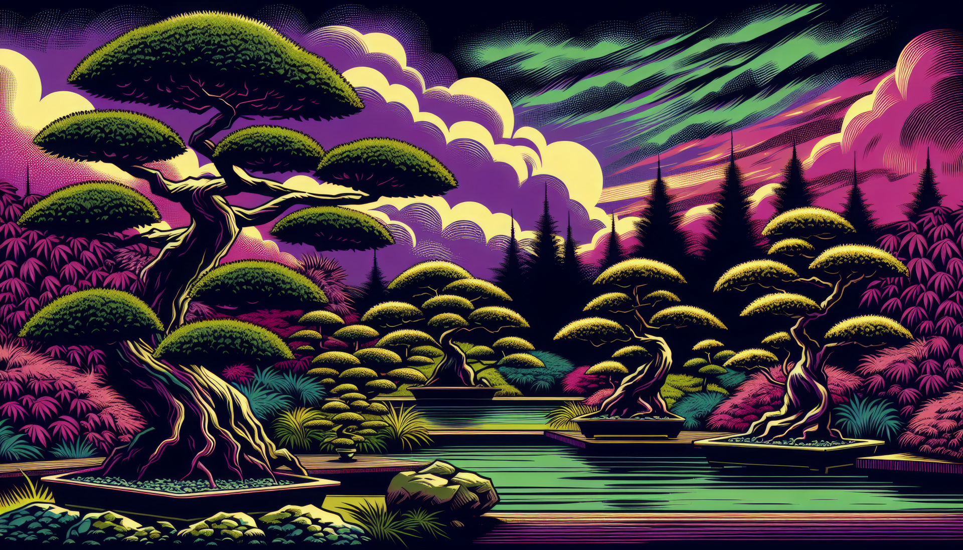A vibrant bonsai garden with lush trees and a tranquil pond, set against a dramatic sky. This HD image serves as a stunning desktop wallpaper.
