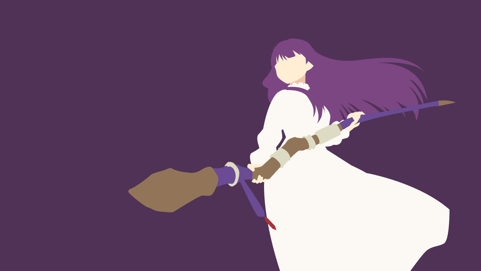 Minimalist 4K Ultra HD anime wallpaper featuring Fern from Frieren: Beyond Journey's End with flowing purple hair and a white robe against a dark purple background.