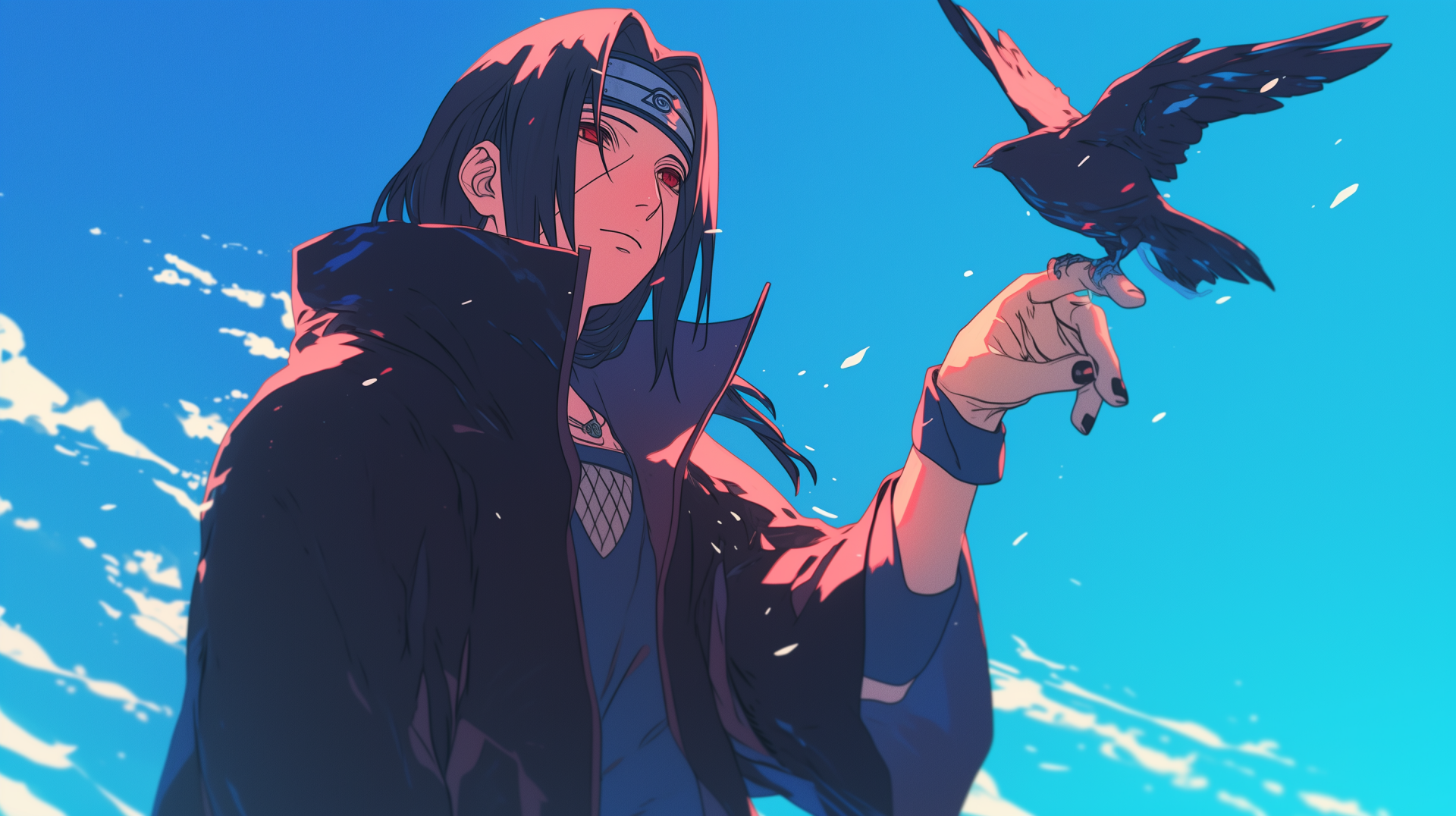 Itachi Uchiha from Naruto stands against a vibrant blue sky, gently interacting with a crow perched on his finger, creating a striking anime wallpaper.