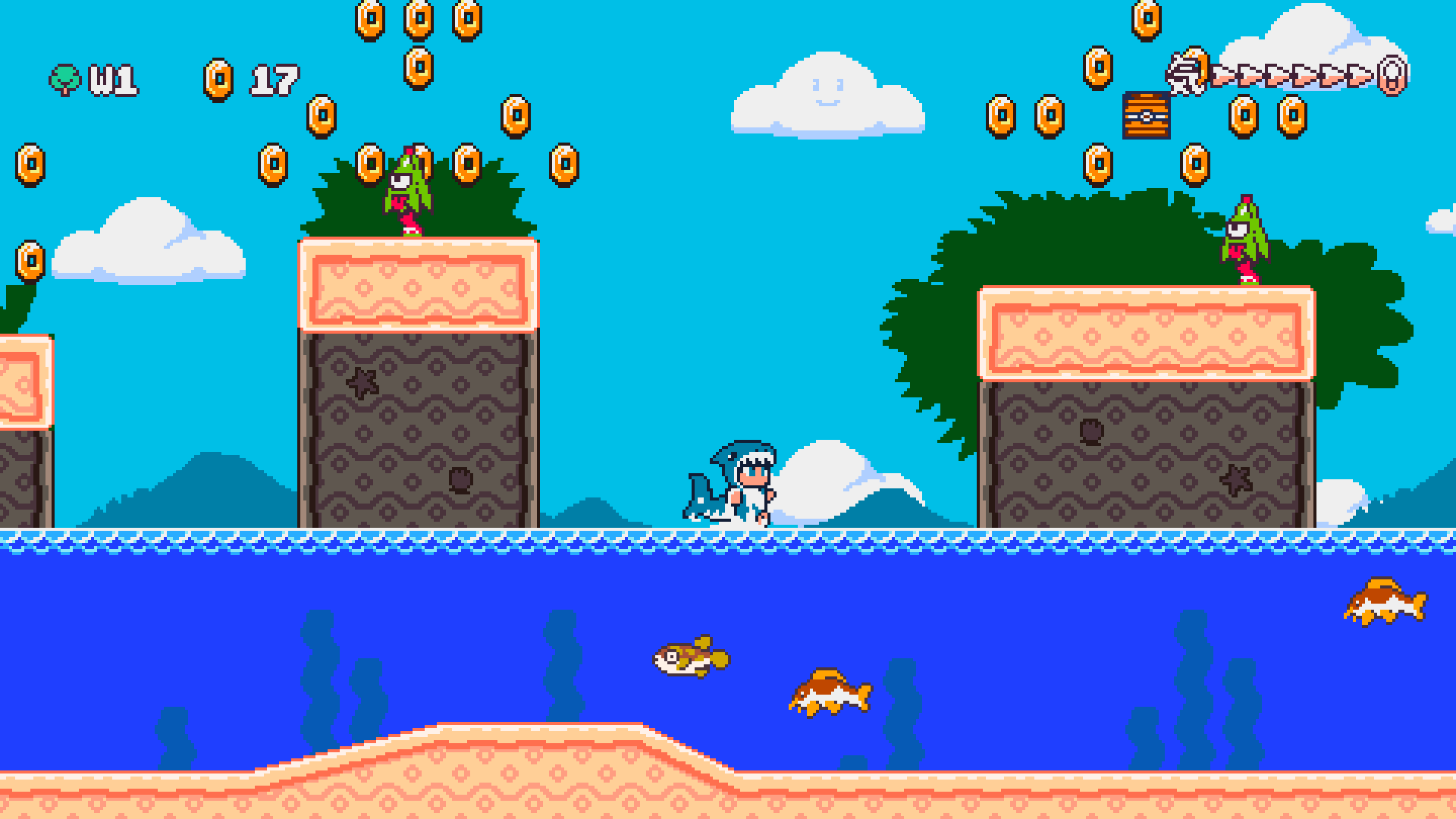 HD desktop wallpaper featuring a vibrant scene from the video game Kitsune Tails, with characters navigating platforms over a blue body of water and collectible coins floating above.
