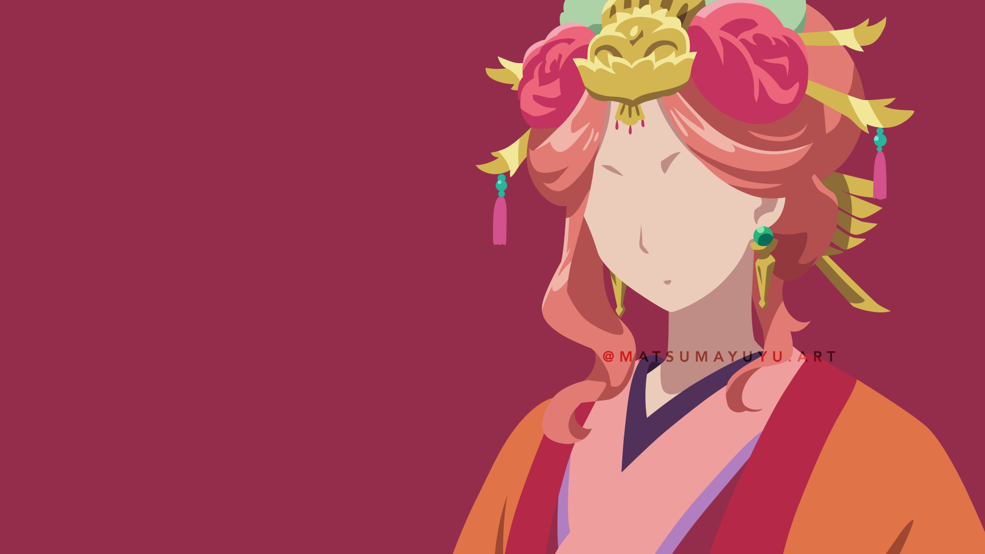 Anime-style 8K Ultra HD desktop wallpaper featuring a faceless character from The Apothecary Diaries with intricate pink and gold hair accessories on a maroon background.