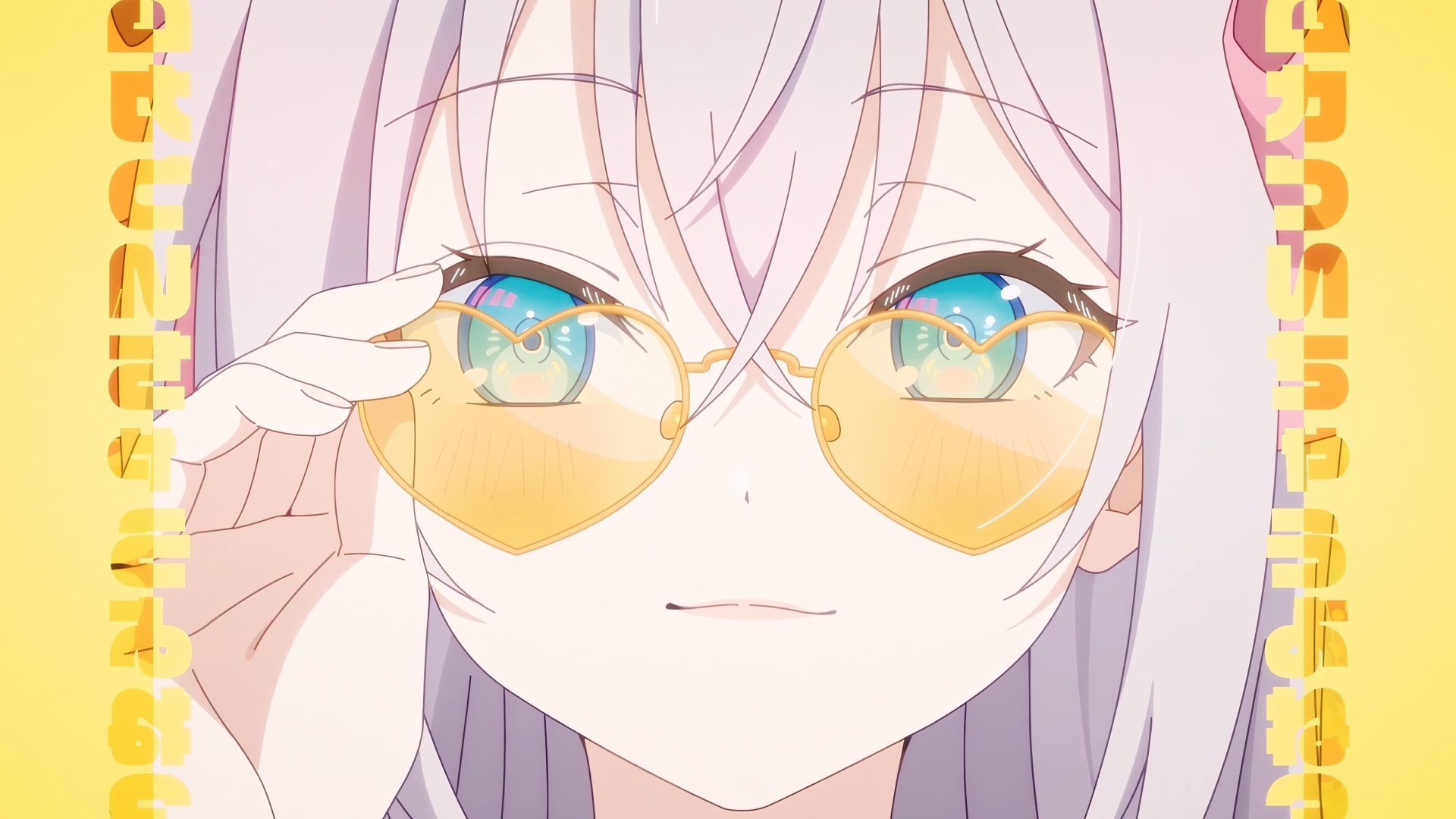 Alya from Sometimes Hides Her Feelings adjusting yellow-tinted glasses, depicted in vibrant 4K Ultra HD as an Alisa Mikhailovna Kujou PC desktop wallpaper.