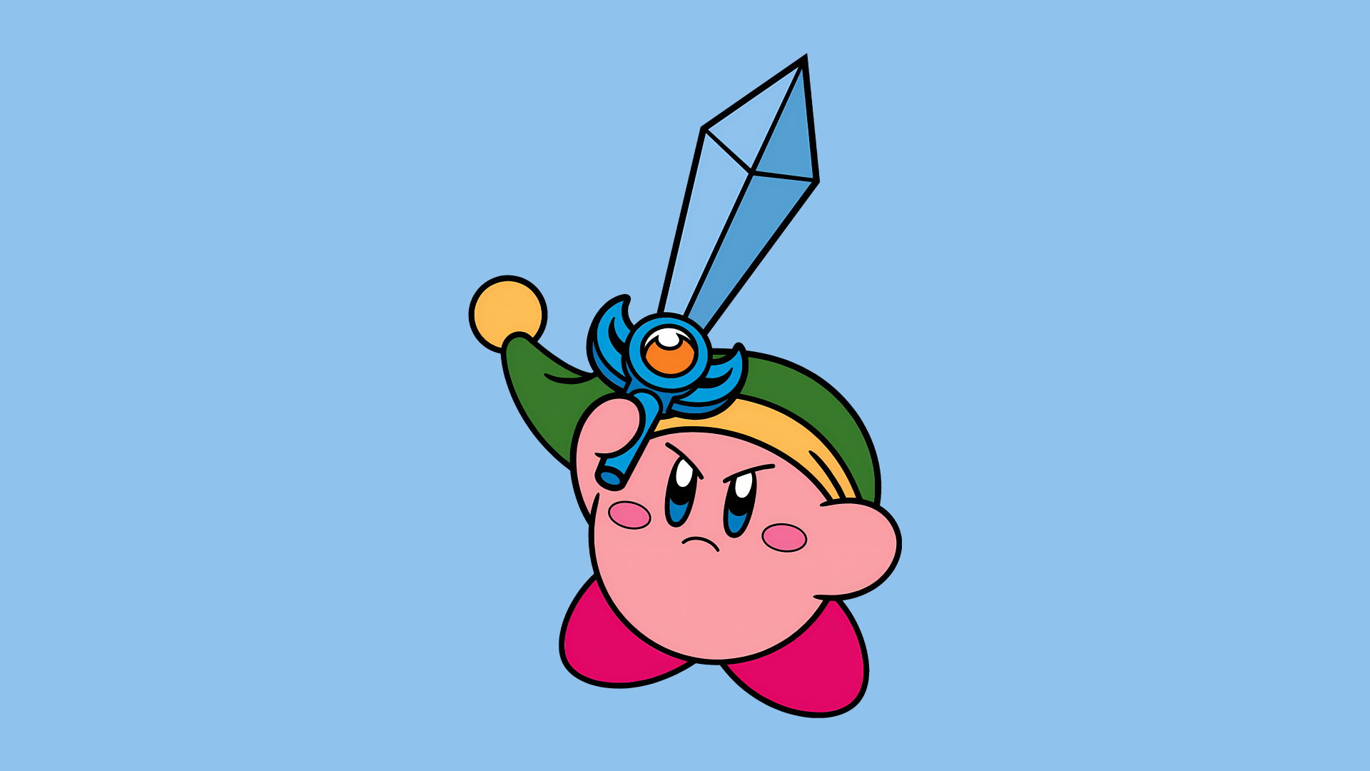 Kirby holding a sword with a determined expression on a light blue background, rendered in 4K Ultra HD for PC desktop wallpaper.