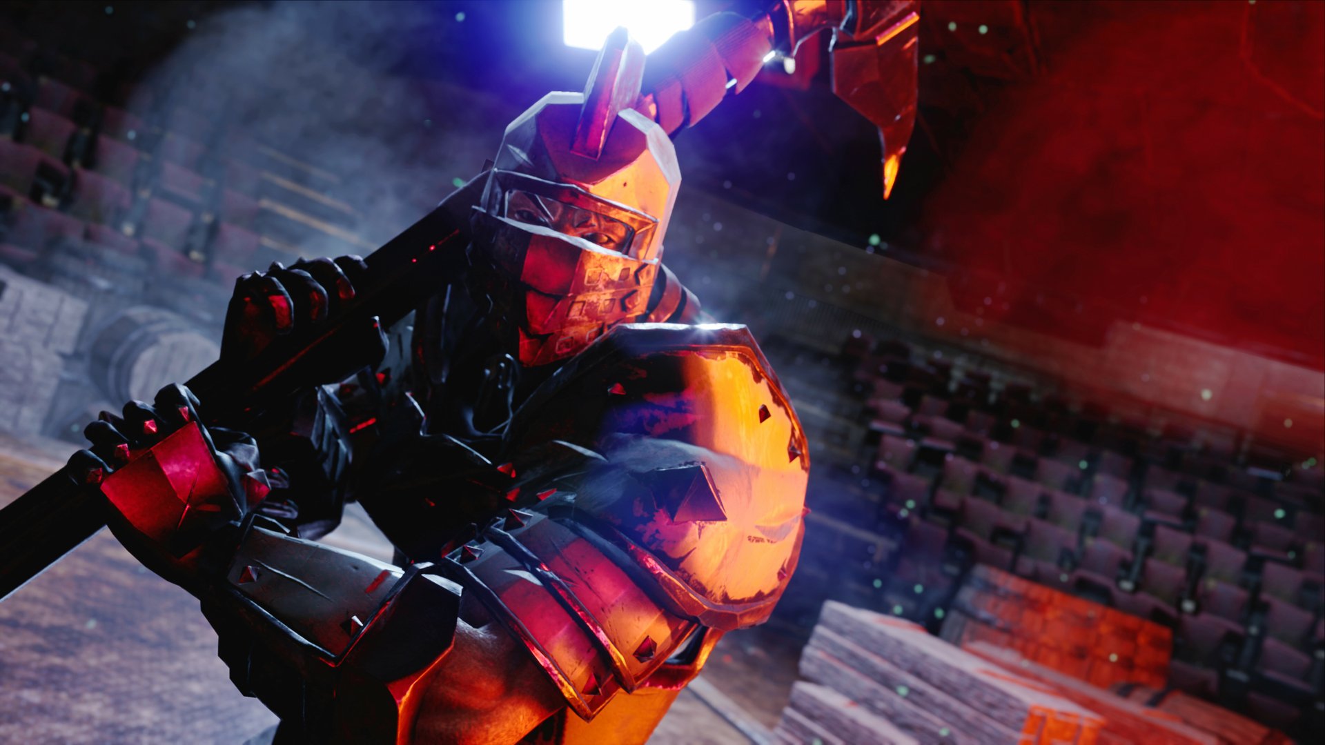 Futuristic knight wielding a massive axe in a dramatic scene from the video game Deathbound. This HD desktop wallpaper showcases intense action and vibrant colors.