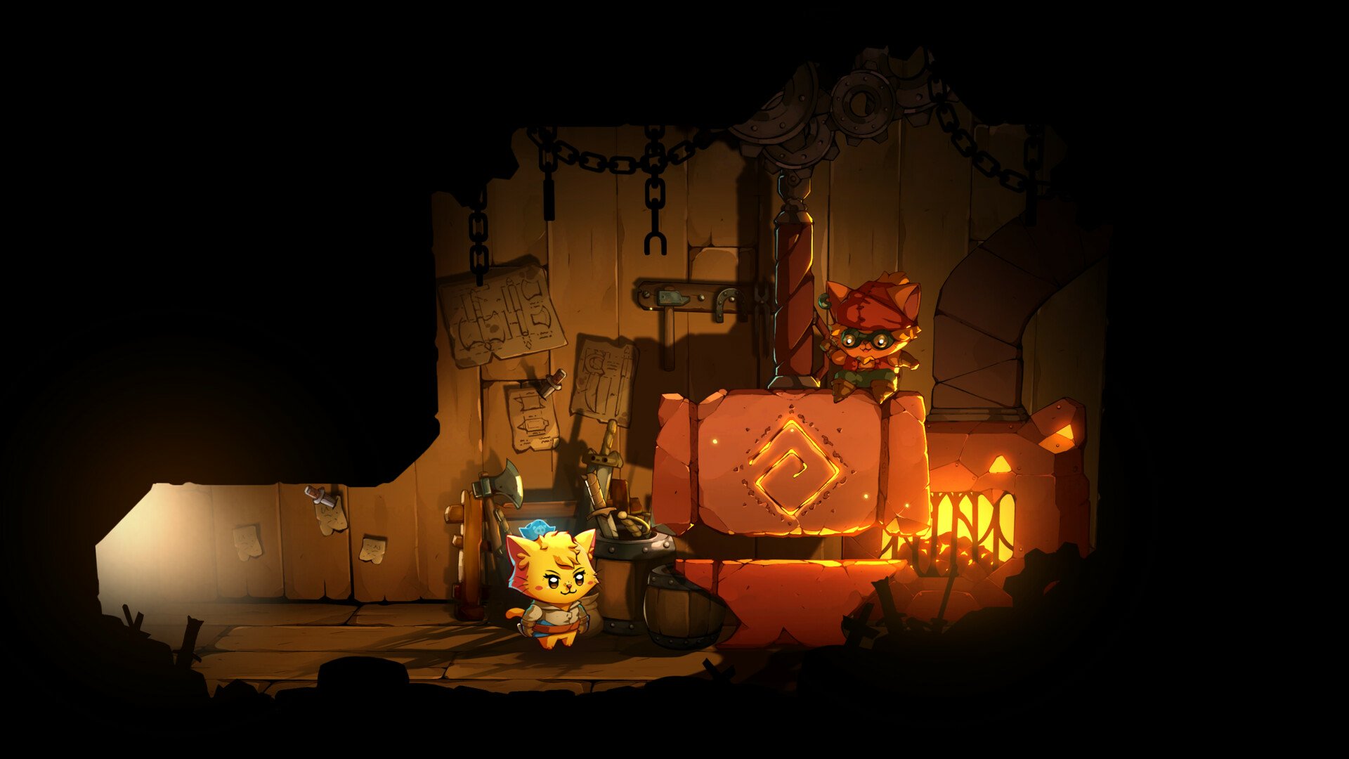 A vibrant HD wallpaper from Cat Quest III, featuring a charming cat character in a cozy, dimly-lit room with a furnace and various tools, creating an adventurous atmosphere.