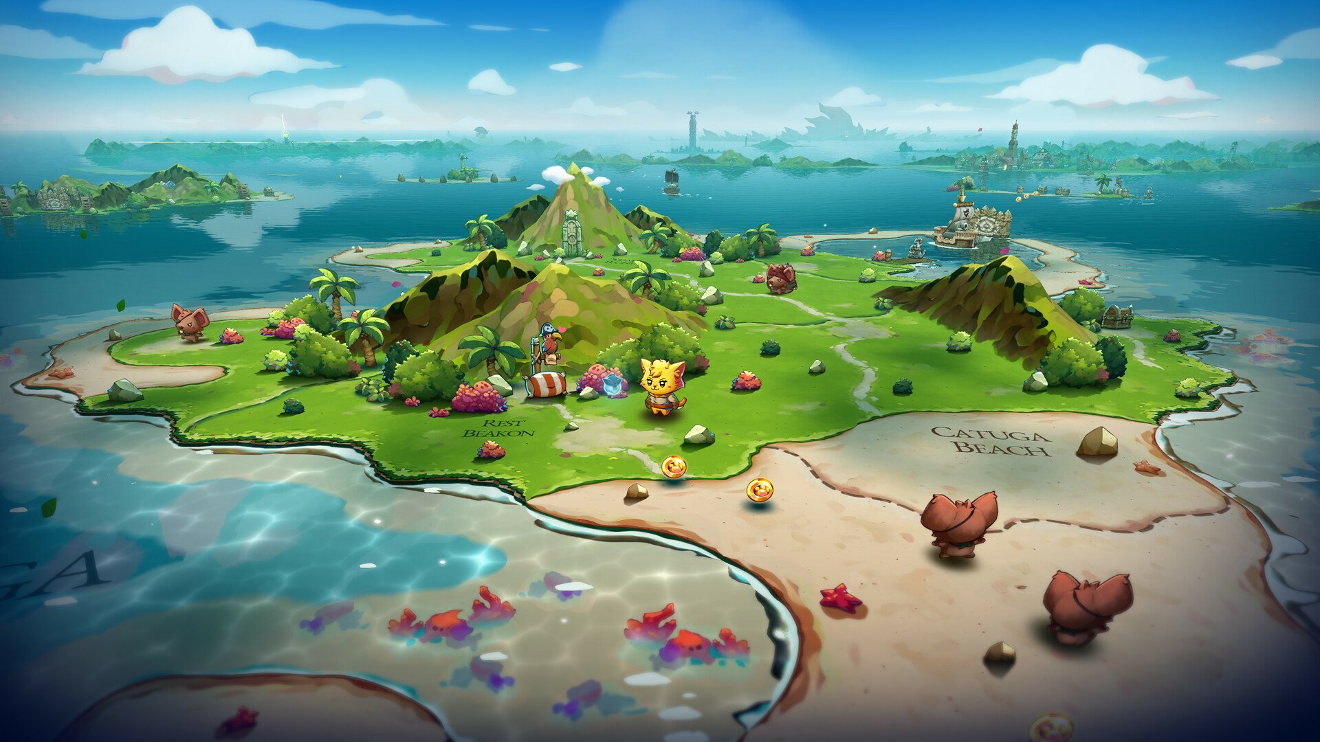 Vibrant HD wallpaper from Cat Quest III, showcasing a whimsical island landscape with mountains, beaches, and colorful flora, set against a serene ocean backdrop.